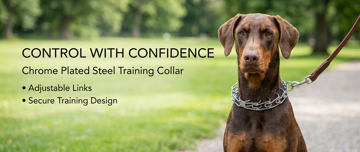 Chrome plated steel prong dog training collar with adjustable links and chain attachment
