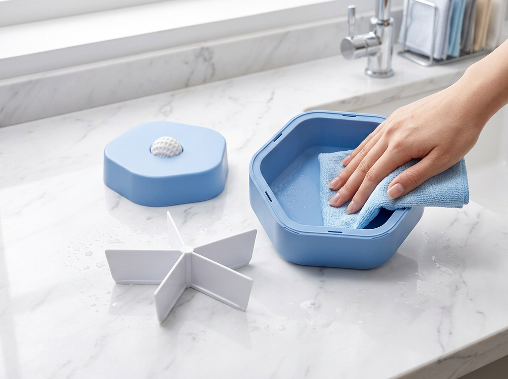 Blue slow feeder dog bowl components prepared for everyday cleaning