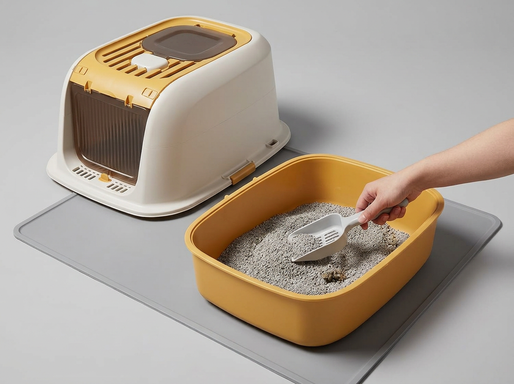 Owner scooping litter from removable base of fully enclosed cat litter box