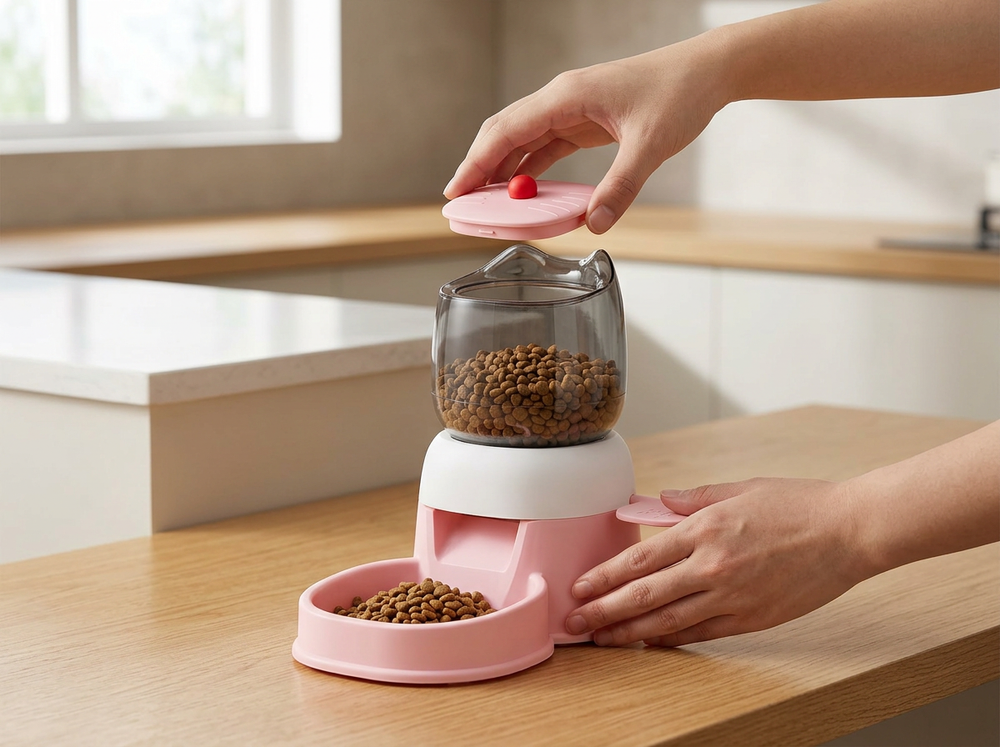 Owner closing a 2L pet food storage feeder