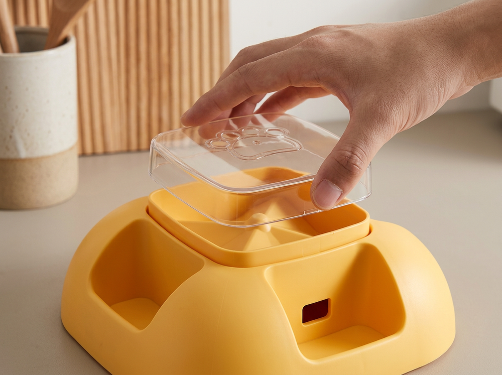 Transparent paw-print cover being placed on interactive dog feeder