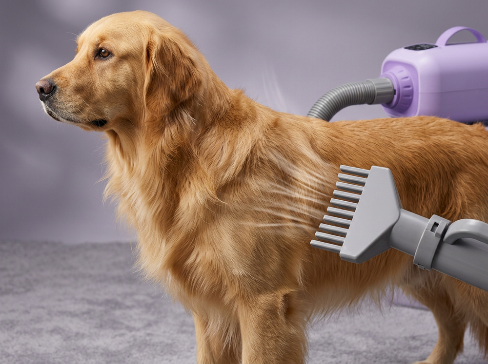 Wide comb-style nozzle from a lavender pet hair dryer being used to groom a Golden Retriever coat