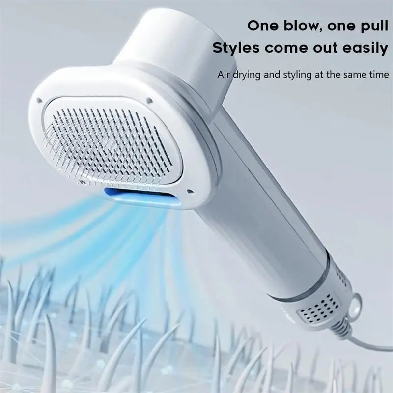 Integrated dog grooming comb for brushing the coat while using the pet hair dryer