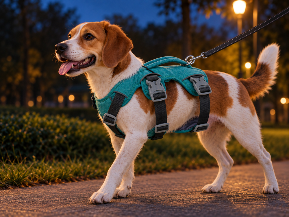 Padded reflective dog harness providing comfortable support around a medium dog's body