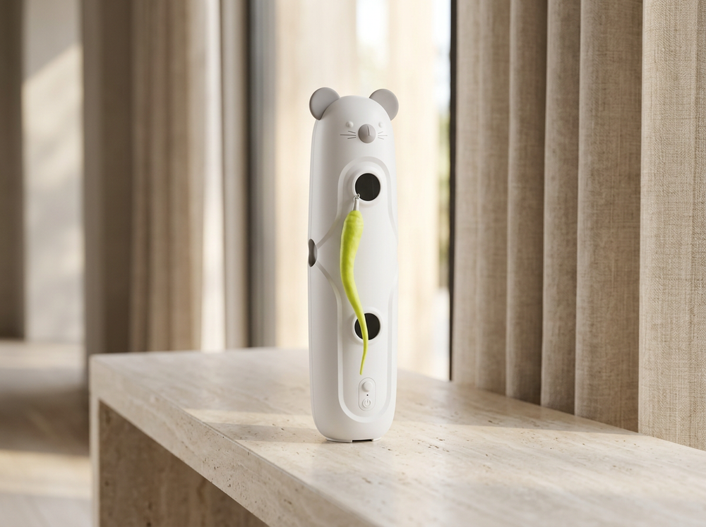 Slim white mouse-shaped interactive cat toy with grey ears, multiple openings and green teaser displayed in a modern home