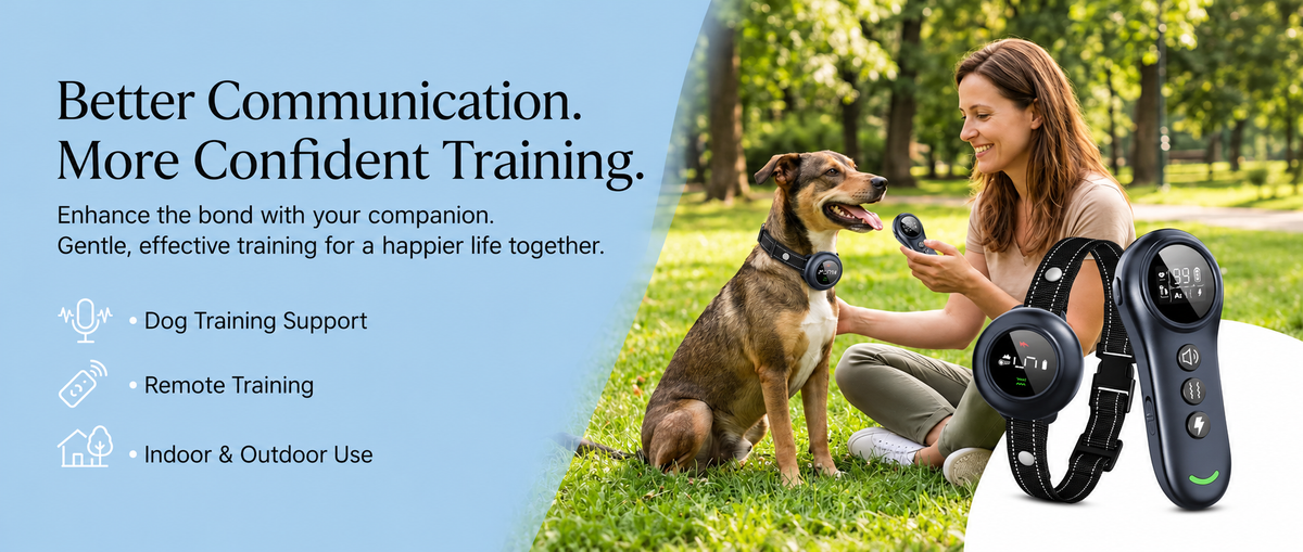 Golden Retriever wearing a black smart dog training collar with handheld remote, featuring three training modes, 3300FT remote range and IP67 waterproof design.