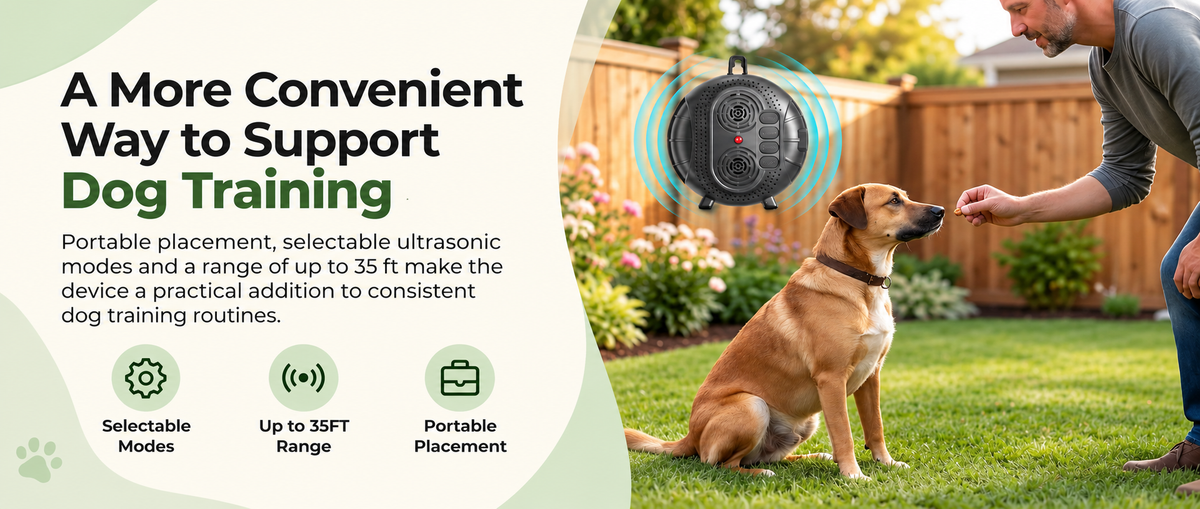 A dog training device shown in a real backyard with a dog and a person, plus marketing text and feature icons. The product appears to be a small round black ultrasonic device floating over the yard scene.

