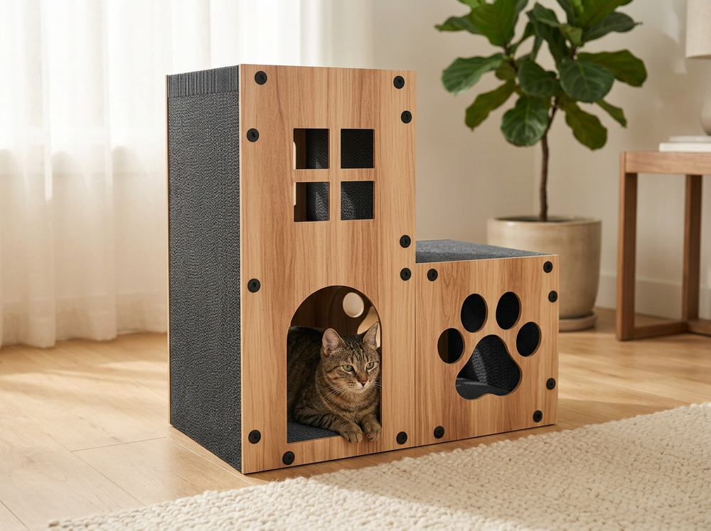  Cat relaxing inside the enclosed lower hideaway of a cardboard cat house