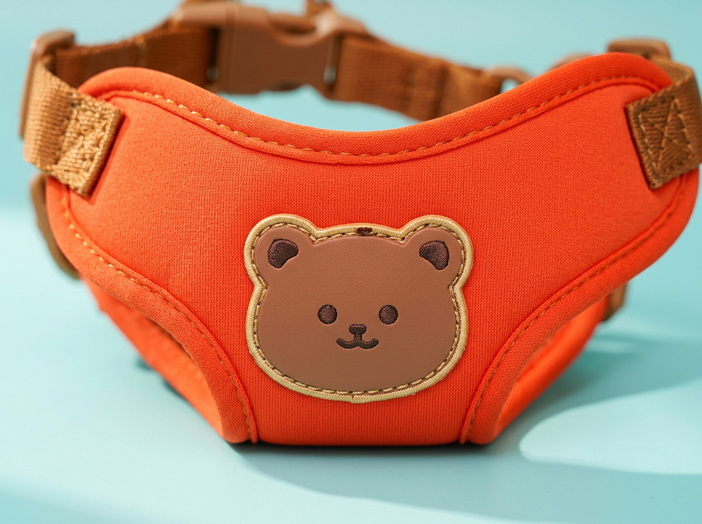 Cute bear face detail on orange padded dog and cat harness
