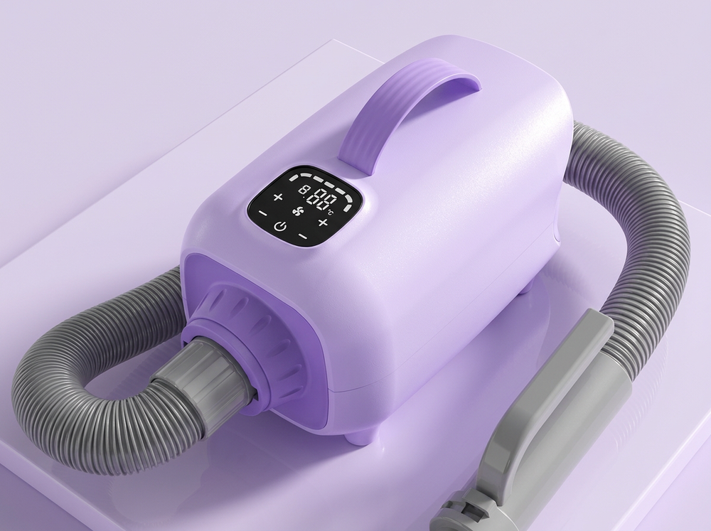  Close-up of the black top digital control panel and carry handle on a lavender pet hair dryer