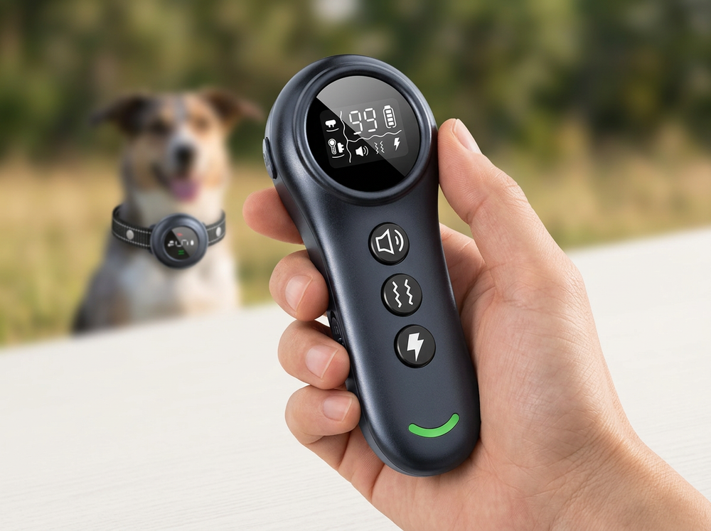 A hand holds a black pet remote control with a small digital display and three buttons, while a dog wearing a collar is blurred in the background outdoors.

