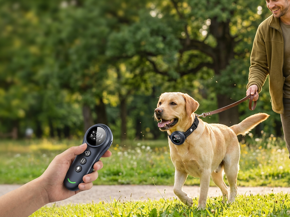 Dog and owner outdoors using a remote training collar during a park walk.