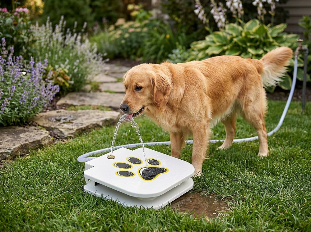 Dog drinking from automatic outdoor water fountain