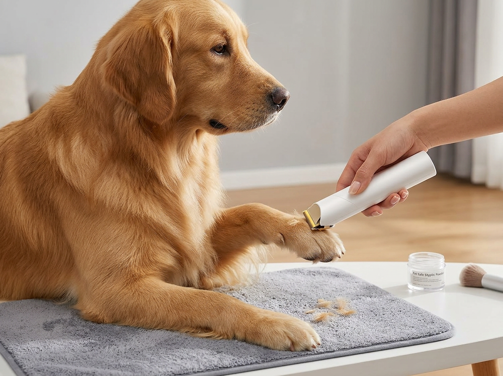 

Owner trimming dog fur with pet grooming kit tool.