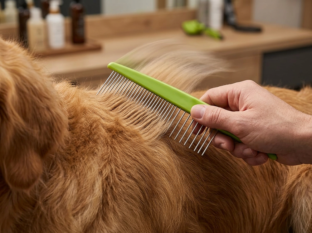 

Owner removing dog coat knots with detangling comb.
