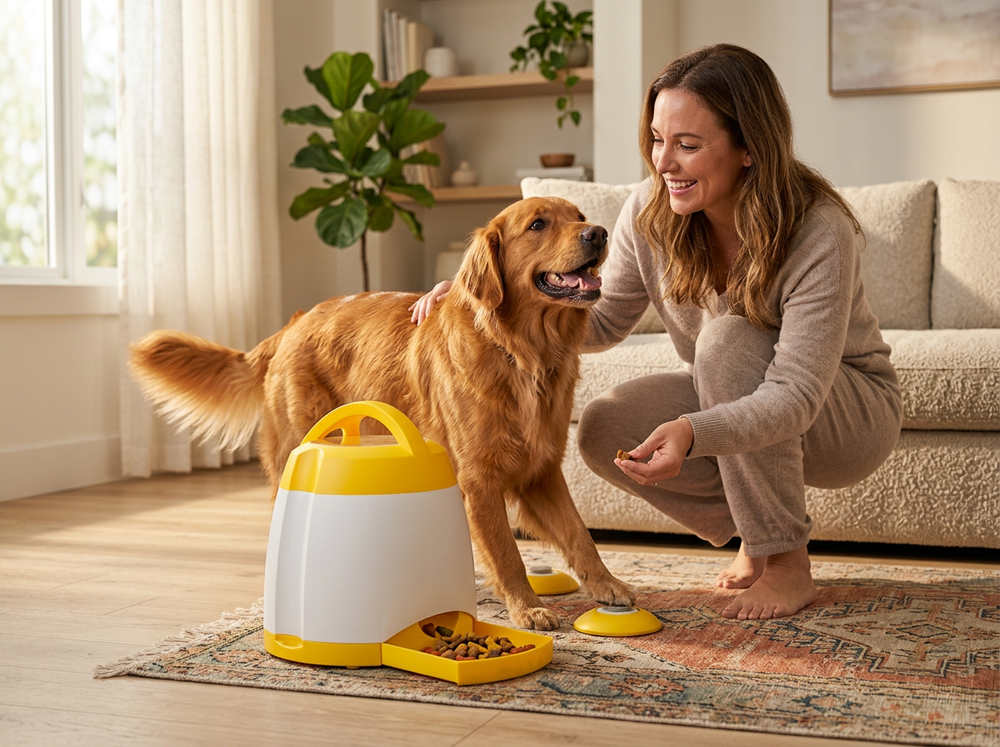 Dog learning with interactive treat dispenser toy.