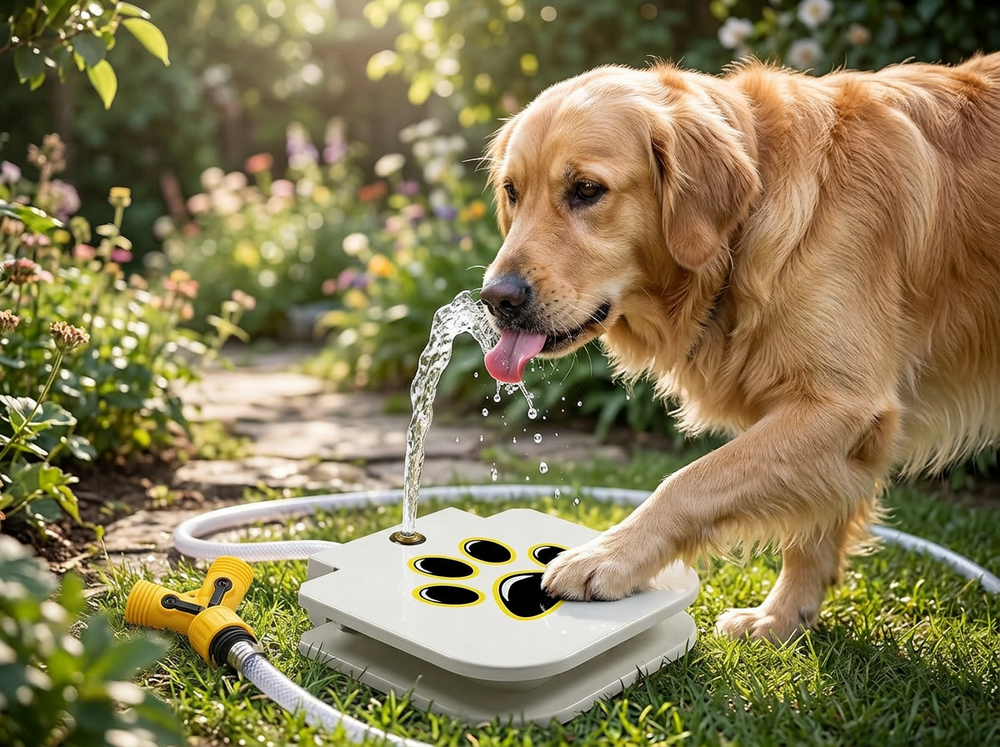 Dog using pedal activated water fountain