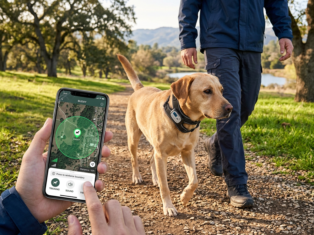 Dog wearing bark control training collar outdoors