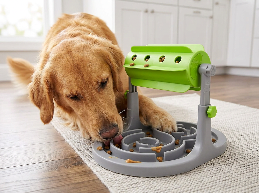 Dog eating from interactive slow feeder bowl