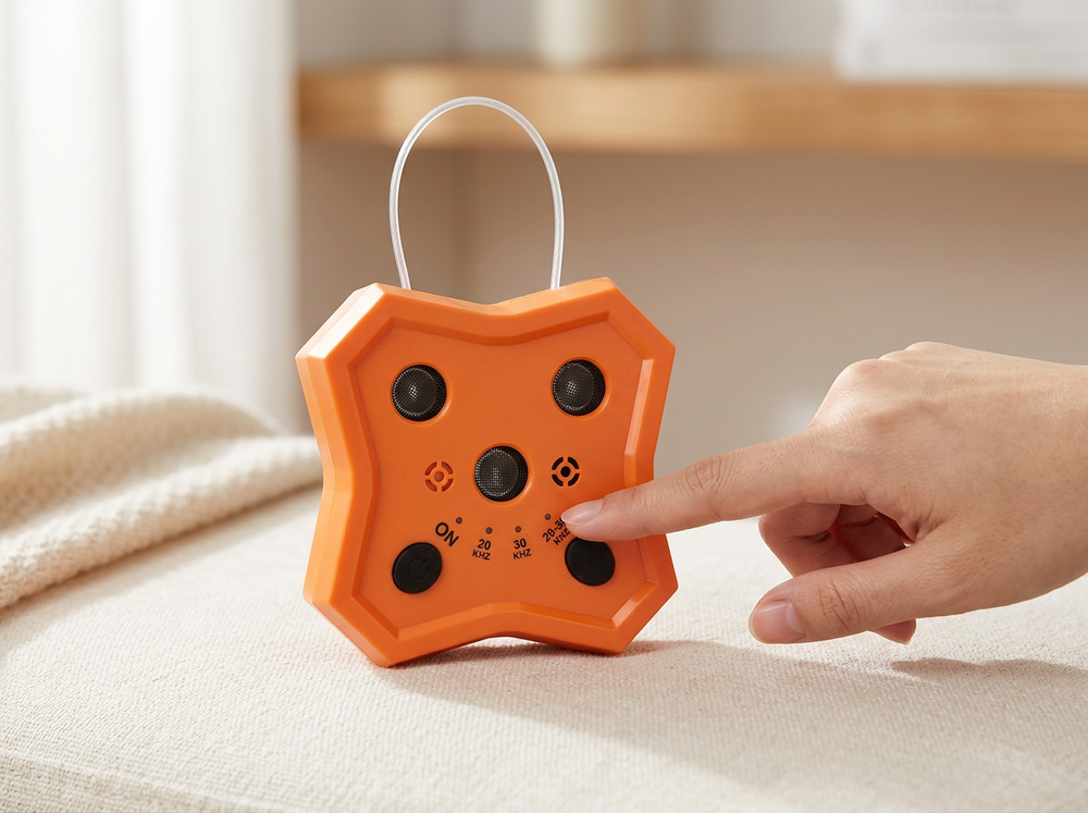 Orange ultrasonic dog bark deterrent with selectable 20kHz, 30kHz and variable frequency modes.