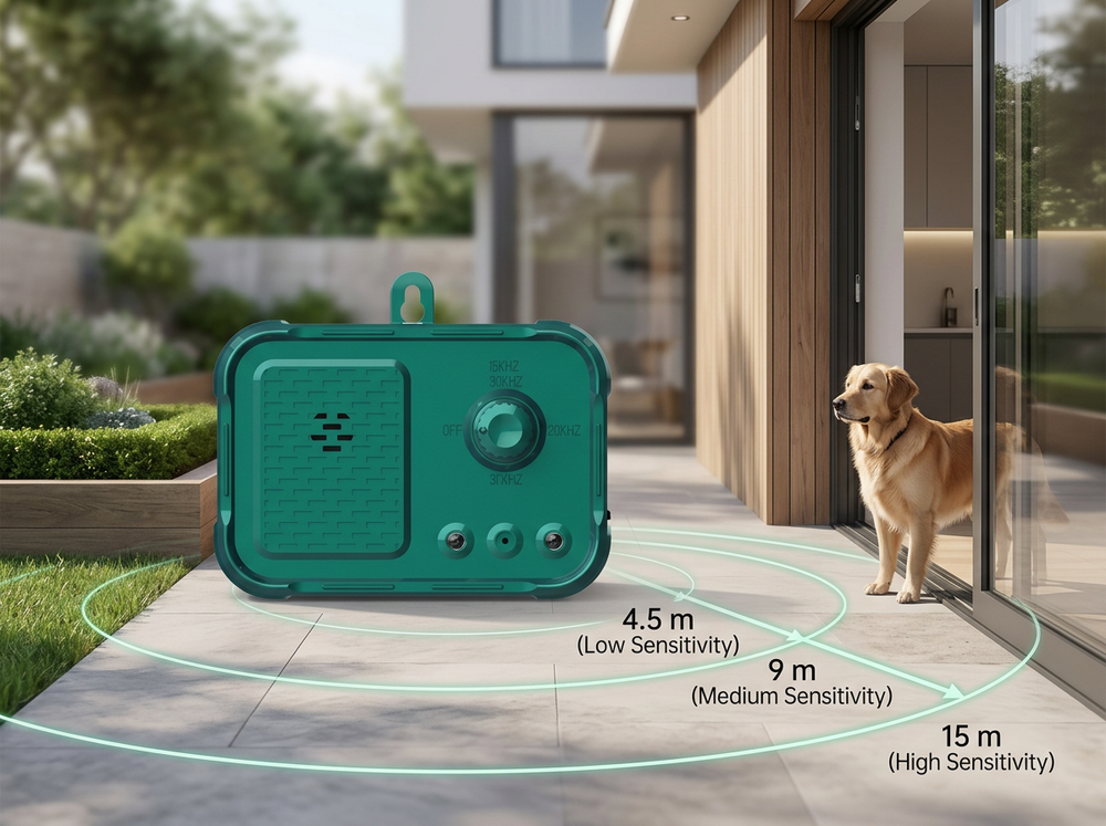 Ultrasonic dog bark deterrent being adjusted for a suitable detection range.