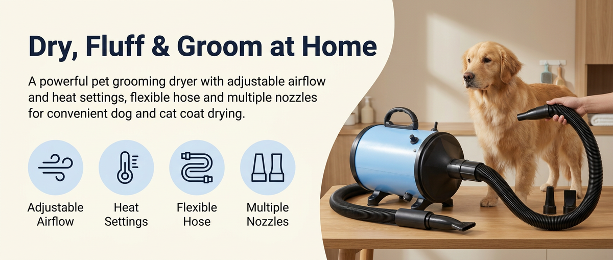  Blue pet hair dryer blower with flexible black hose and grooming nozzles beside a dog in a modern home grooming area