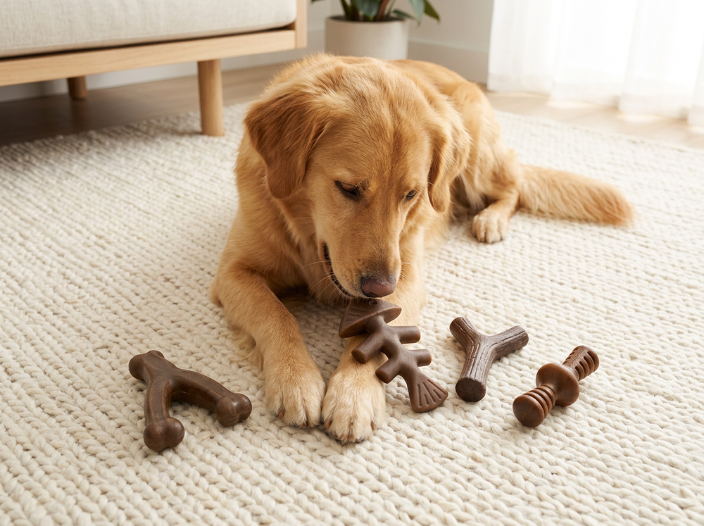 Dog playing beside four differently shaped brown textured chew toys on a living room rug