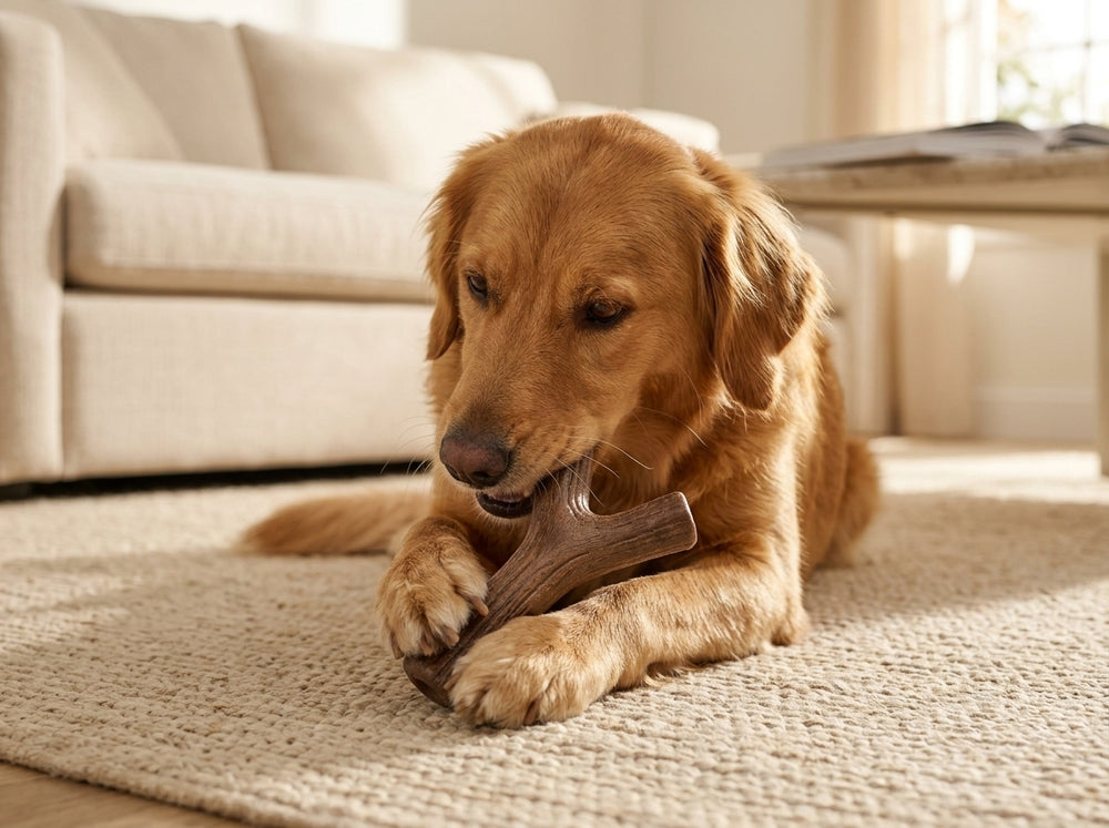 Dog holding and chewing a brown branch-shaped textured chew toy between its front paws