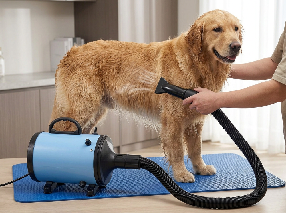 : Dog coat being dried with a flexible hose connected to a blue pet hair dryer blower