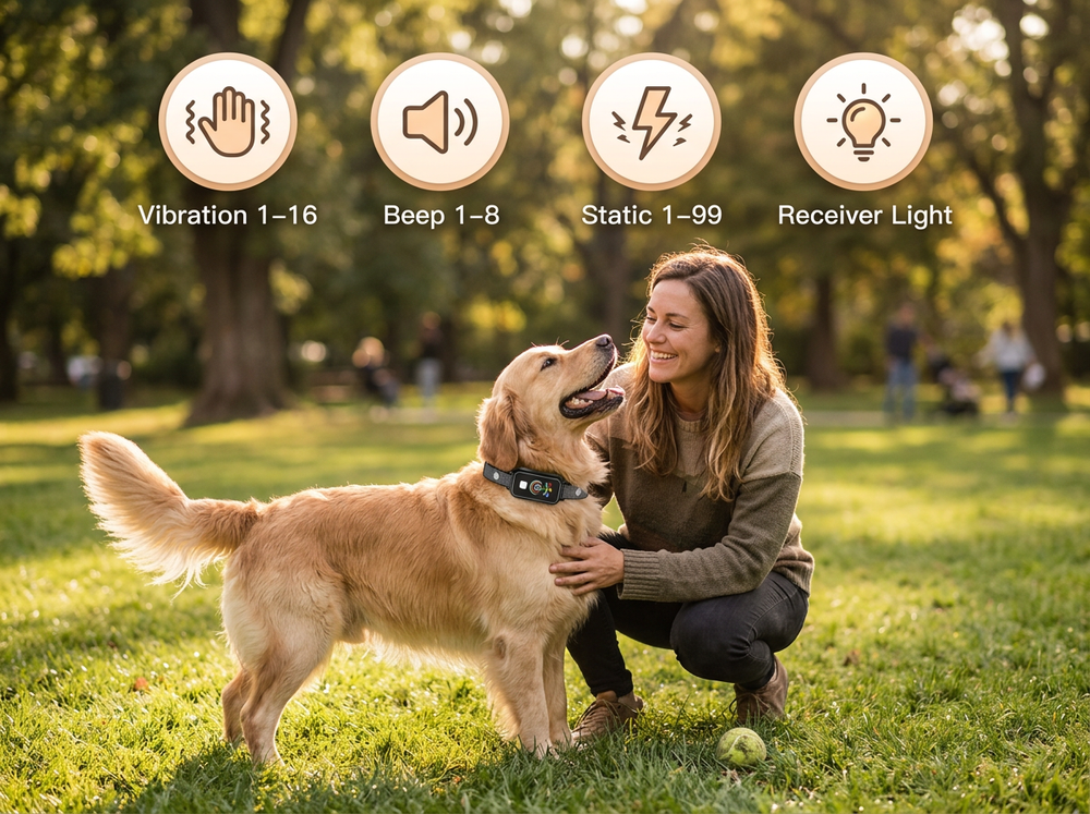 Dog training collar with vibration, beep, adjustable static stimulation and receiver light training functions.