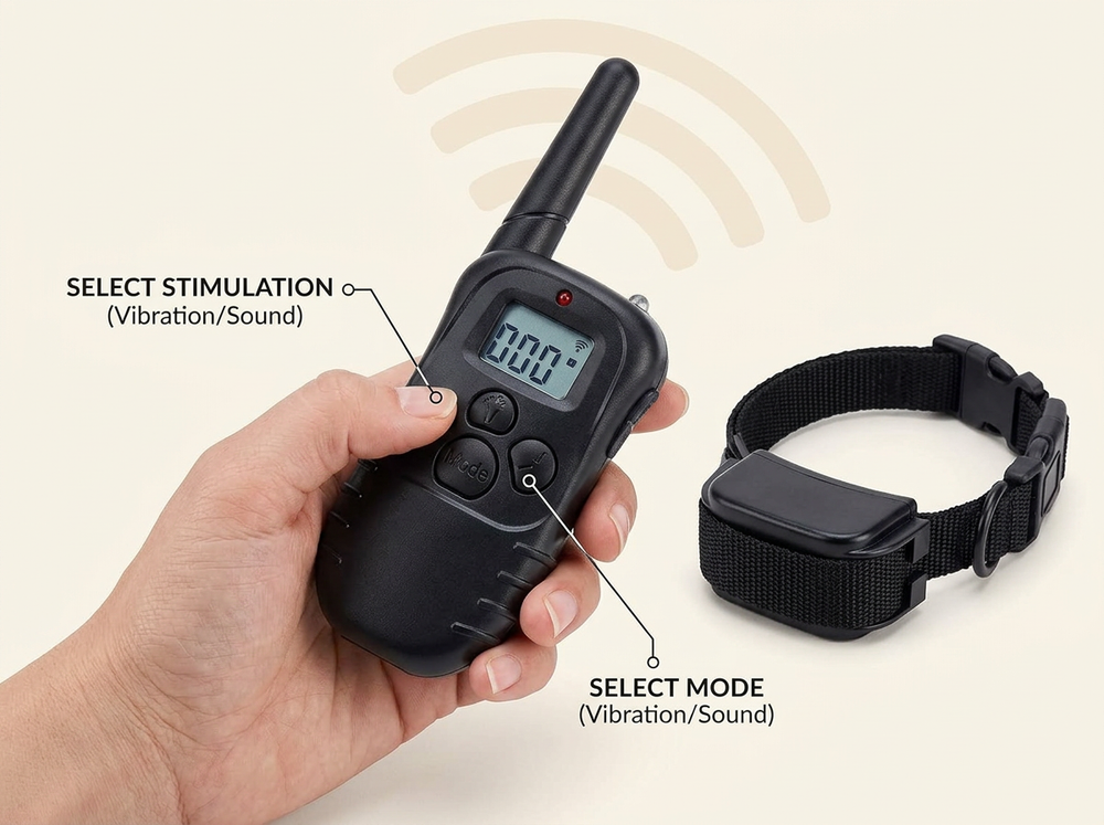 
LCD dog training remote being adjusted for sound or vibration training.