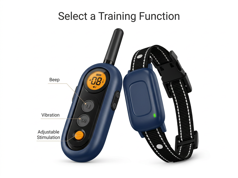
Remote dog training collar with beep, vibration and adjustable stimulation functions.