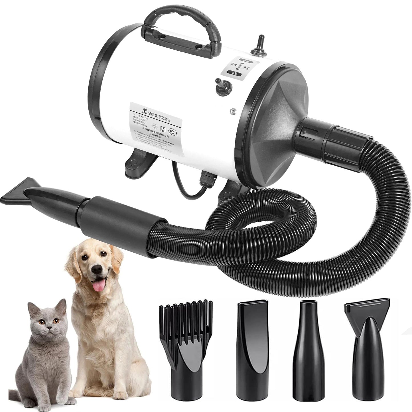 Dog fur dryer with grooming attachments for wet coat drying