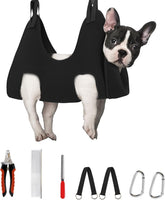 Dog grooming hammock hanging harness for nail trimming and paw care