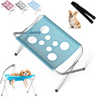 Blue dog grooming hammock with foldable stand for small and medium dogs and cats