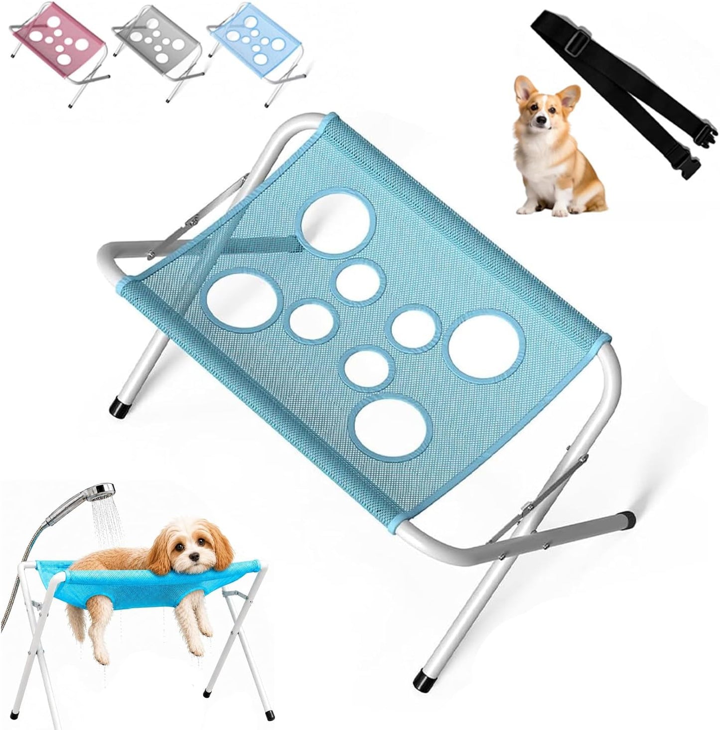 Blue dog grooming hammock with foldable stand for small and medium dogs and cats