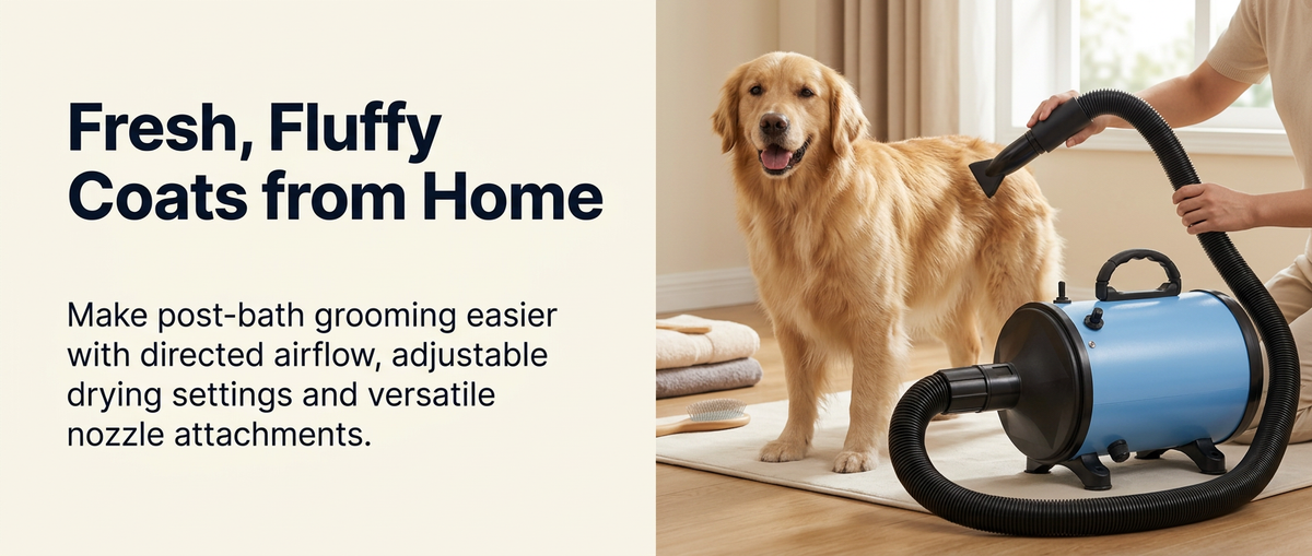 Dog being dried at home with a blue pet hair dryer blower, flexible hose and grooming nozzle in a bright modern grooming space