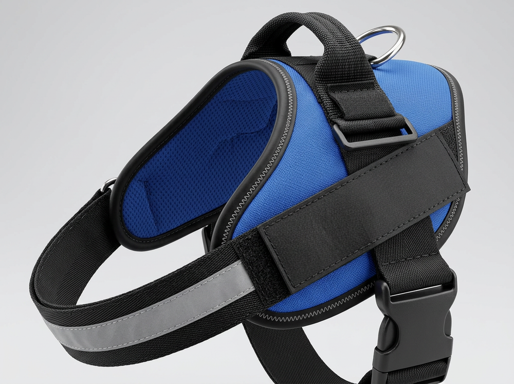 Owner holding padded top control handle on blue and black dog harness