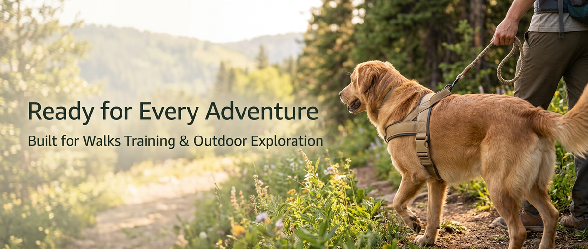 Medium large dog wearing a khaki adjustable nylon harness while walking with its owner outdoors