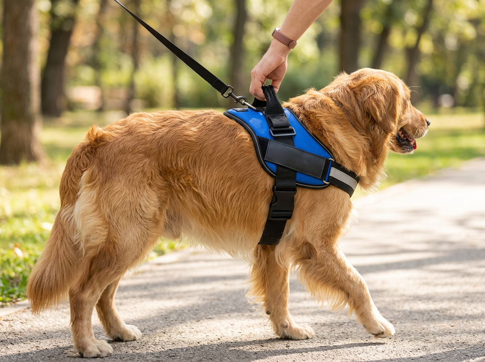 Silver metal leash D ring on blue and black padded dog harness