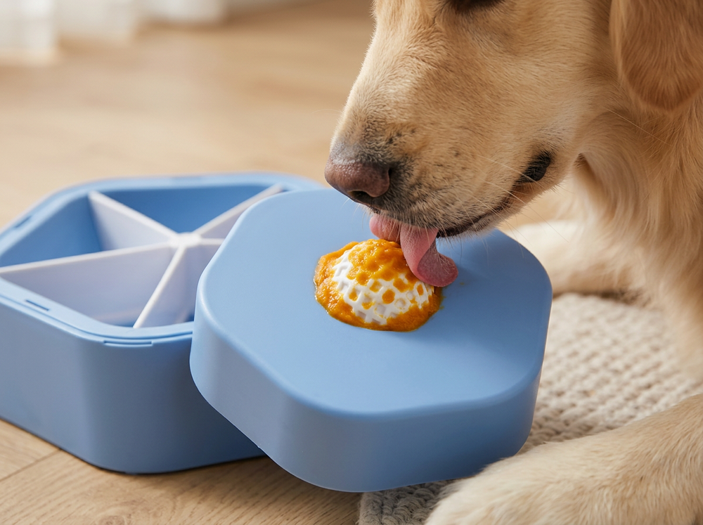 Dog licking soft treat from textured ball on blue slow feeder lid