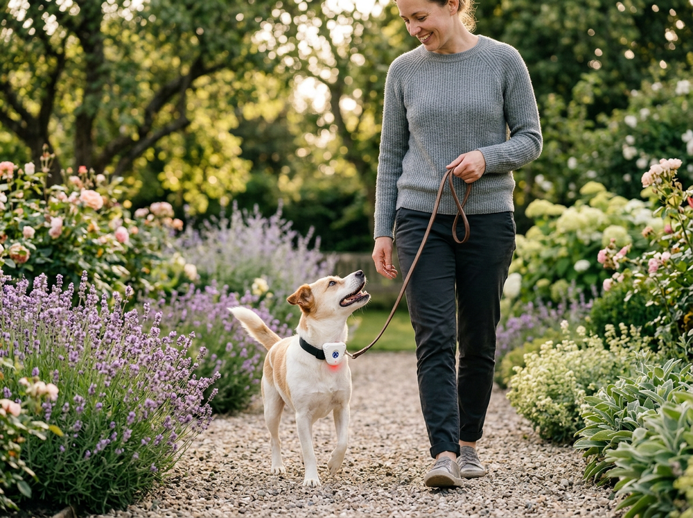  Dog wearing ultrasonic bark control collar during outdoor training.