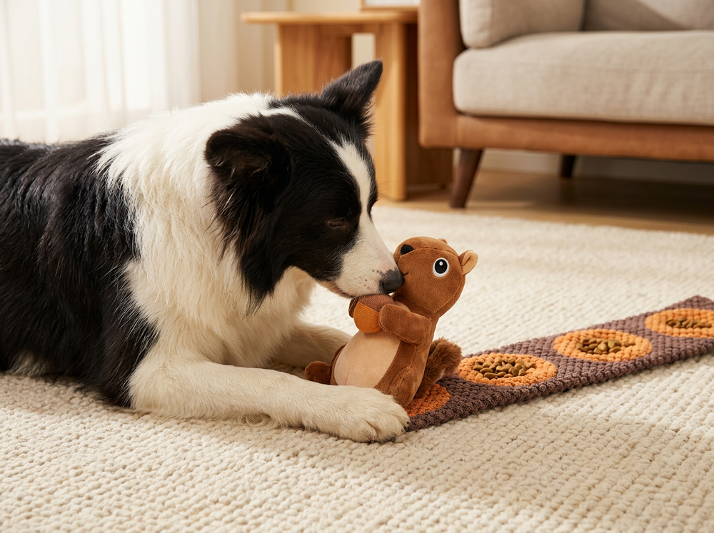  Dog interacting with a brown plush squirrel that remains attached to its long textured snuffle mat
