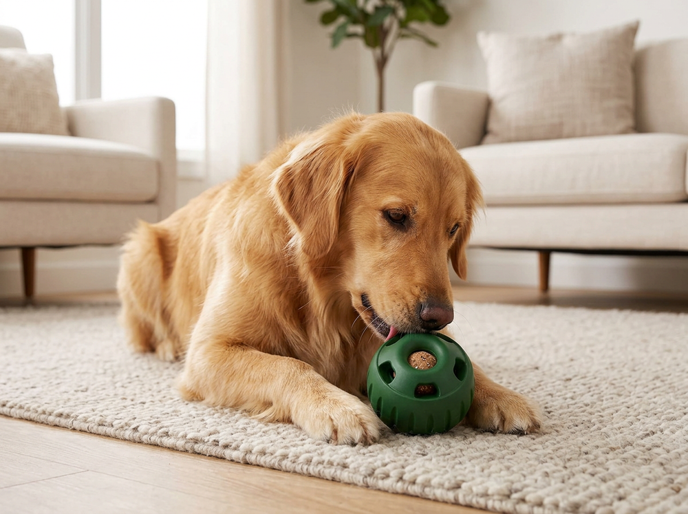 Medium-sized dog interacting with a dark green treat dispensing ball on a living room floor