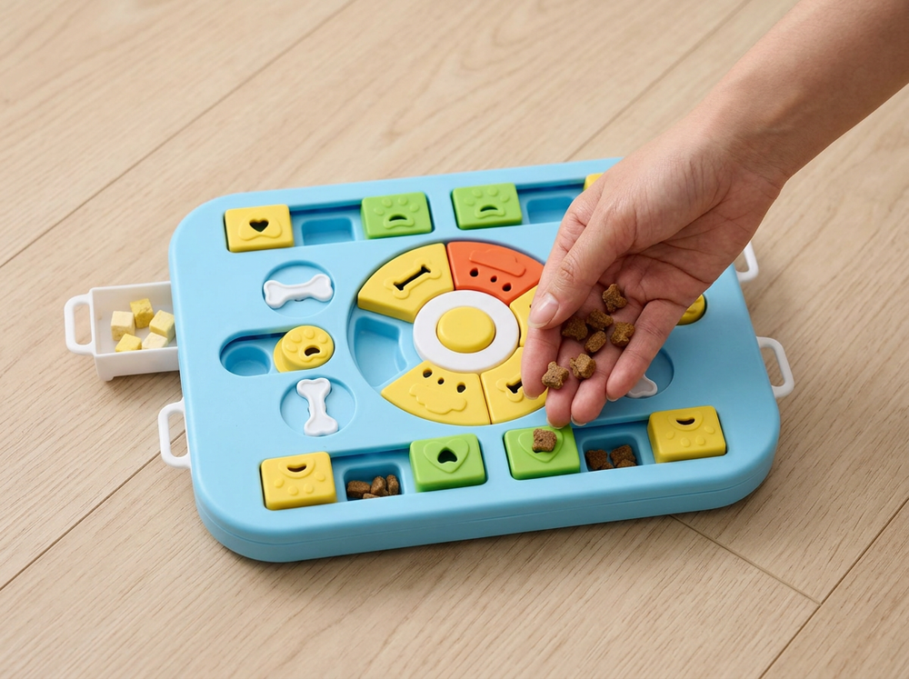 Hand placing dry dog treats into hidden compartments of a blue interactive dog puzzle feeder