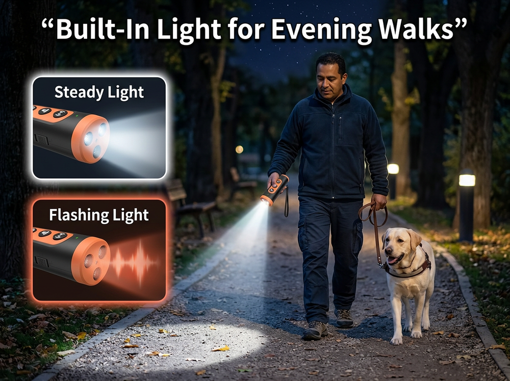 Dog owner using the LED light on a handheld ultrasonic dog trainer during an evening dog walk.