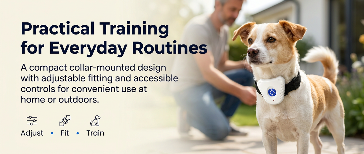 

Dog wearing compact white Dog Training Collar with black adjustable strap in a bright outdoor home setting