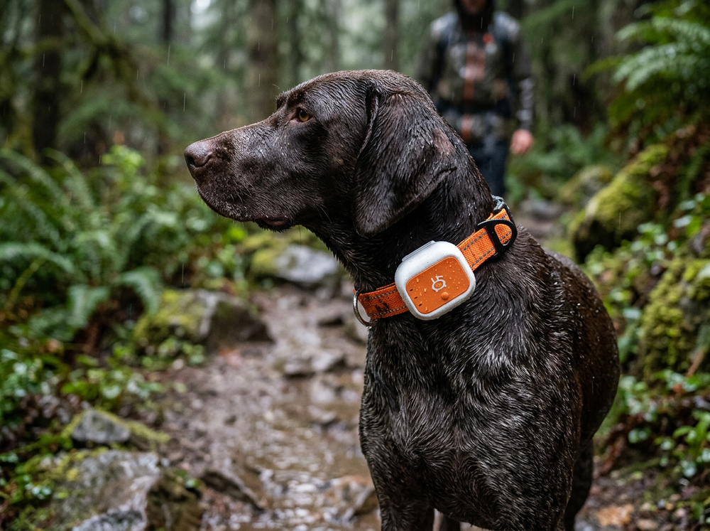 Dog wearing a training collar during an outdoor walk with its owner