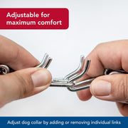 Close view of durable metal links on chrome plated dog training collar