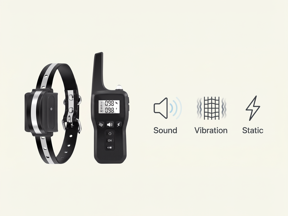 Remote dog training collar with sound, vibration and static training mode controls.
